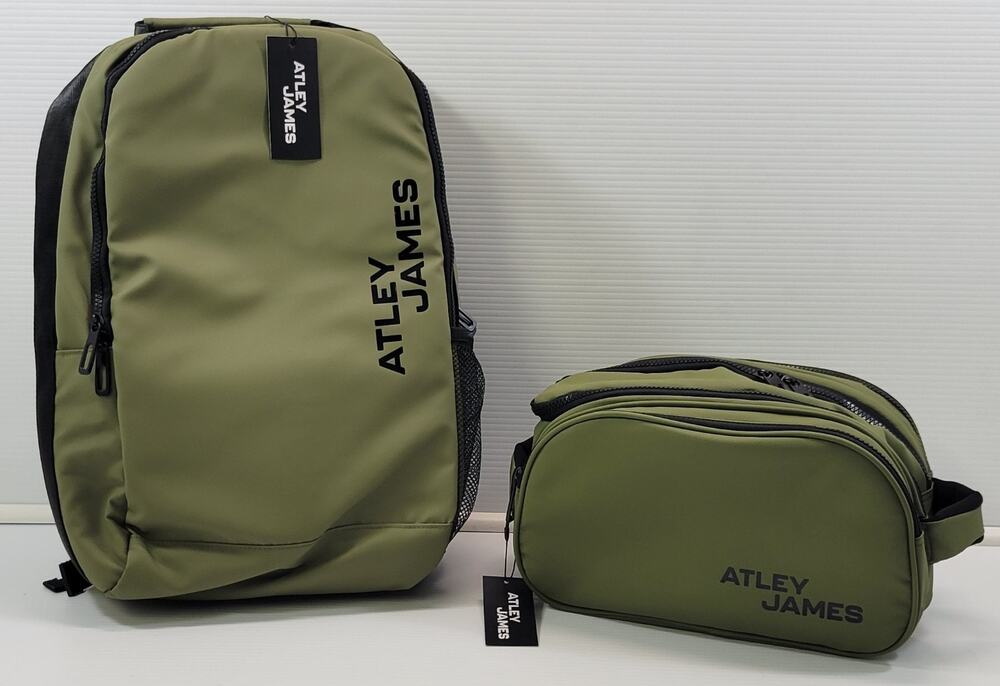 *Z1) Set of 2 Atley James Olive Green Travel Bags Toiletry Laptop Backpack